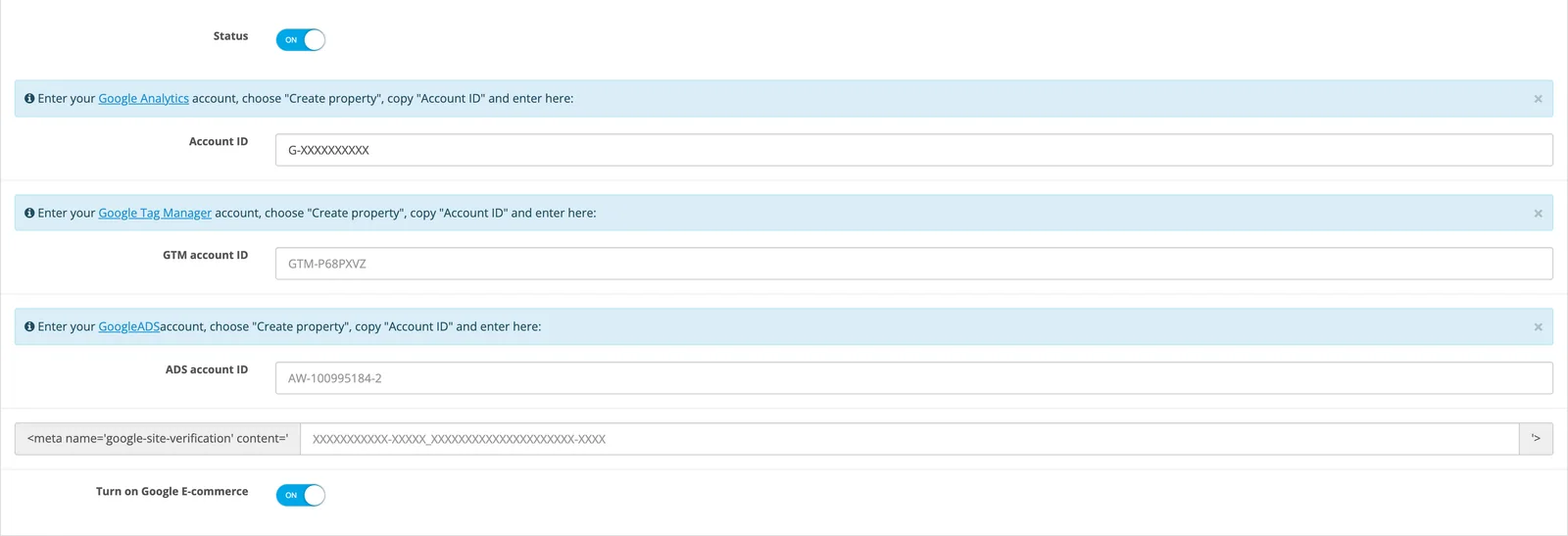 Google Analytics tab: IDs and E-commerce