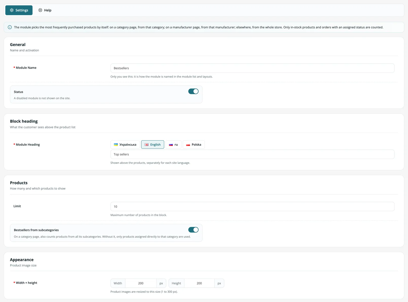 “Bestsellers” module settings