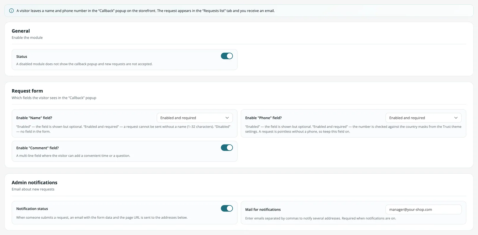 Callback settings