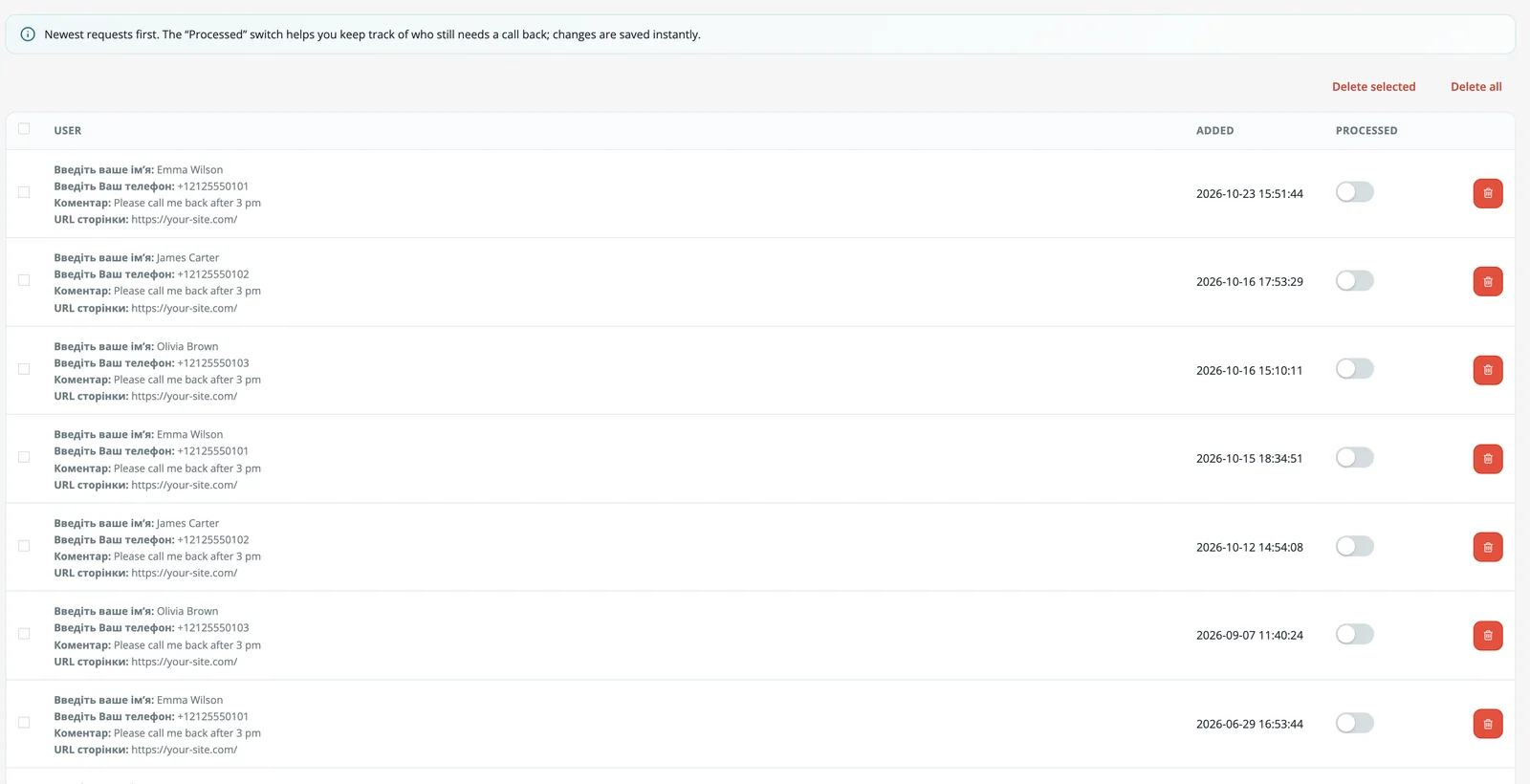Callback requests list