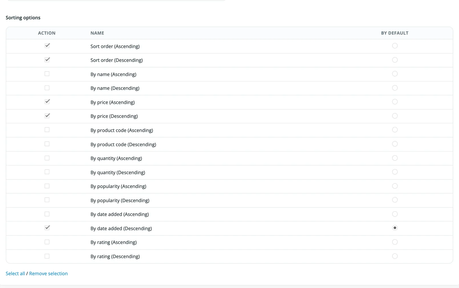 Sorting options