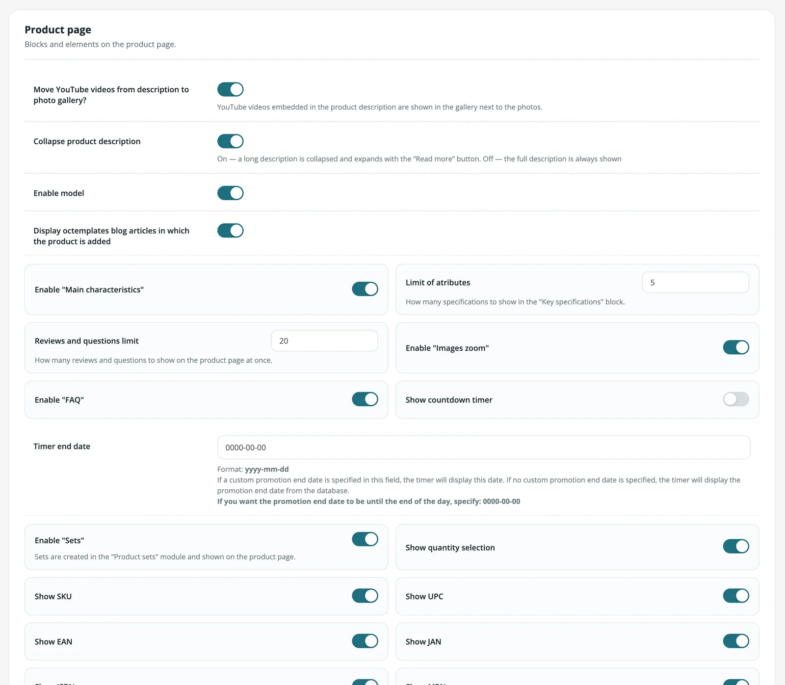 Product page settings