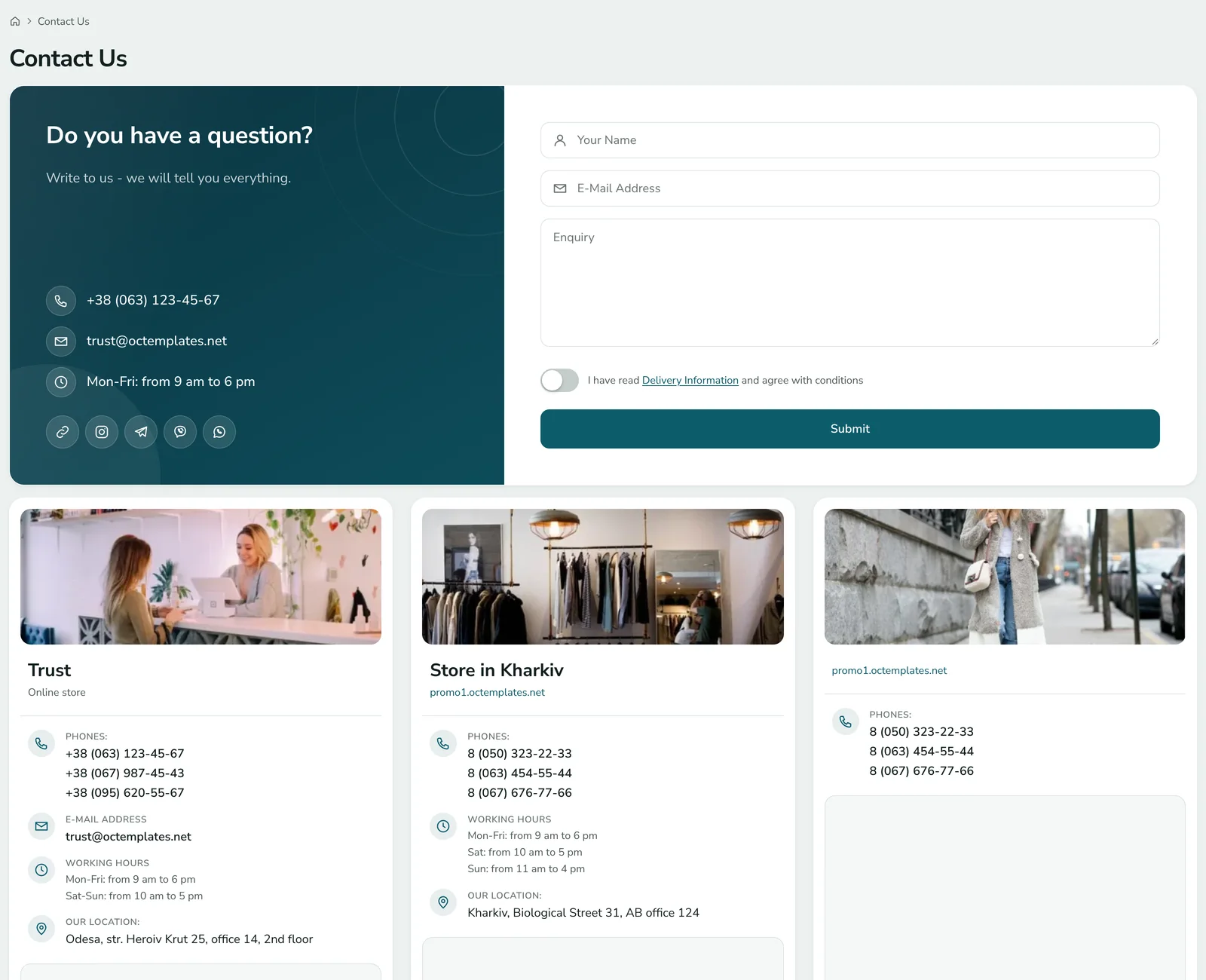 Contact page on the storefront