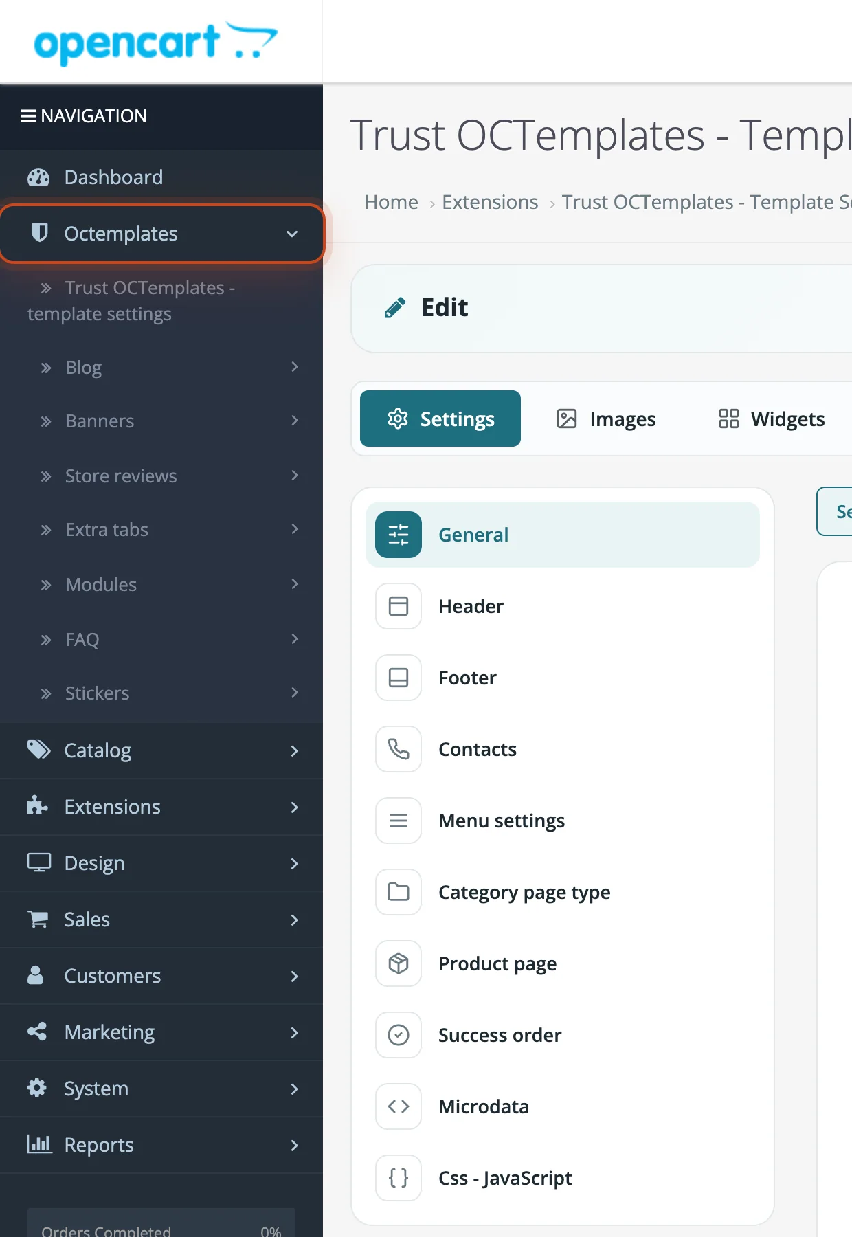 Octemplates menu in the admin panel