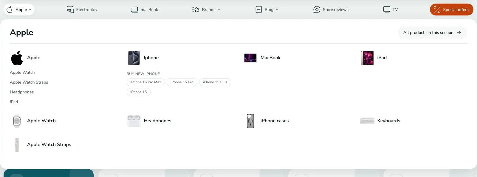 A link group under the Iphone category in the mega menu