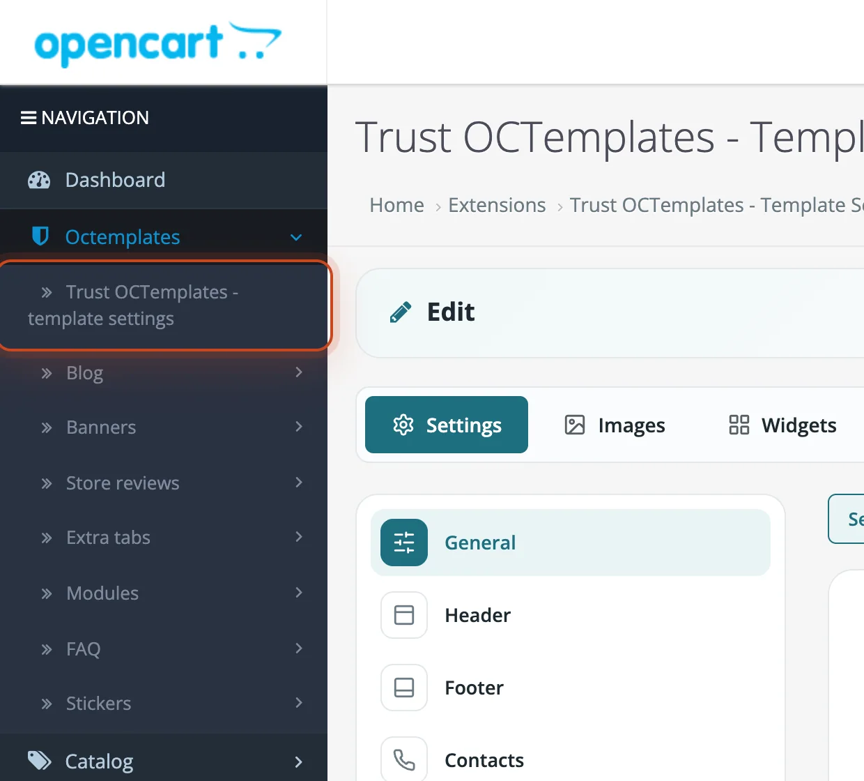 Template settings item in the admin menu