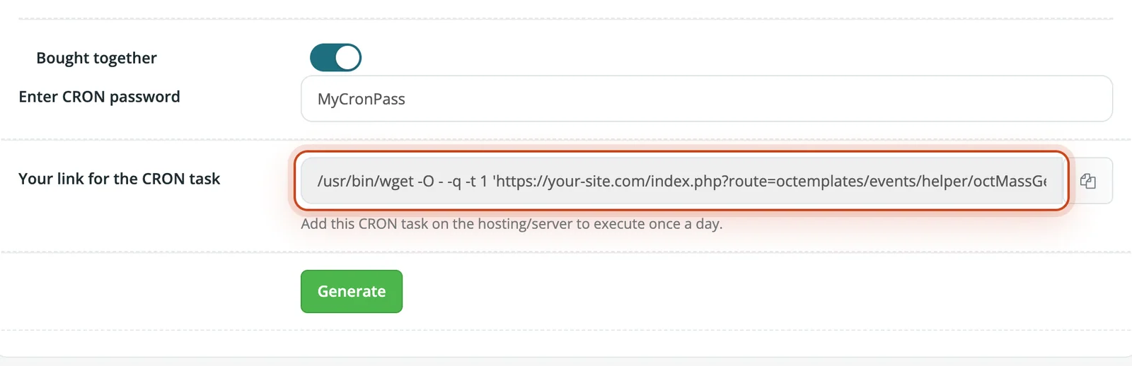 “Bought together” settings with the CRON link