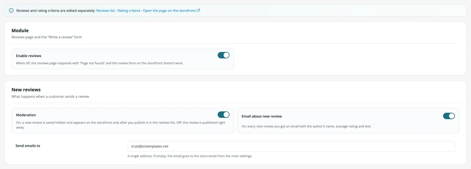 Store reviews settings