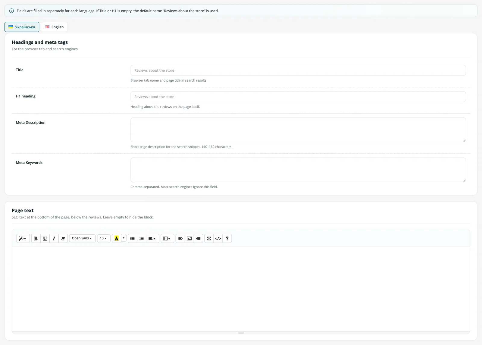 Headings, meta tags and SEO text of the reviews page