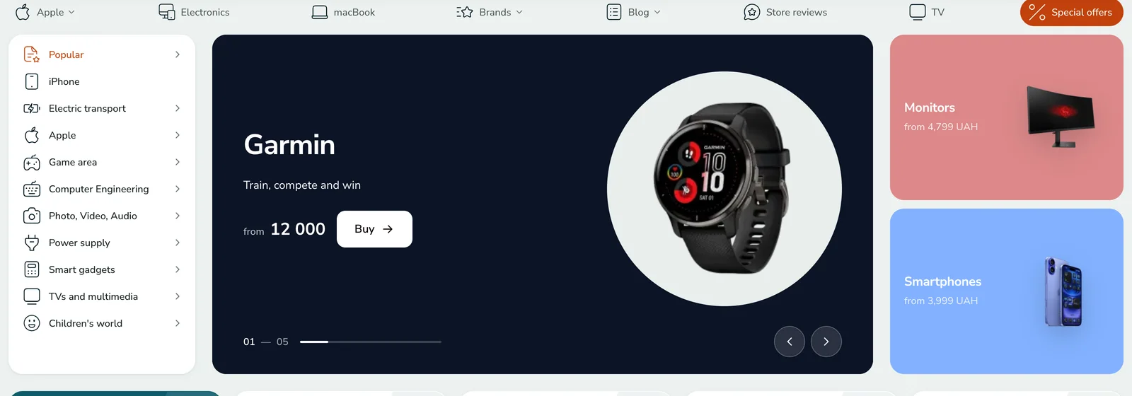 Slider, mini banners and catalogue menu on the home page