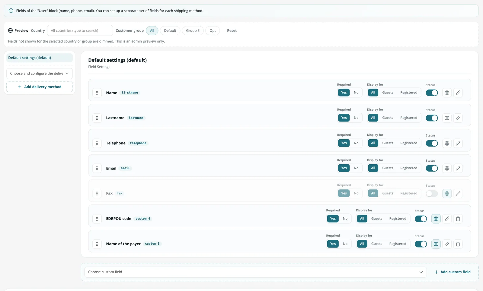 User block fields
