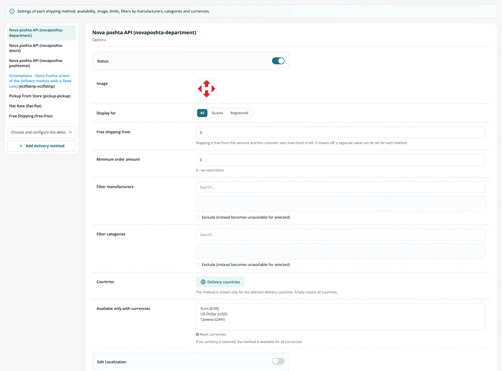 Shipping method settings
