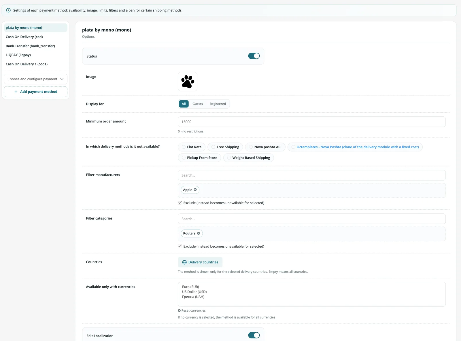Payment method settings