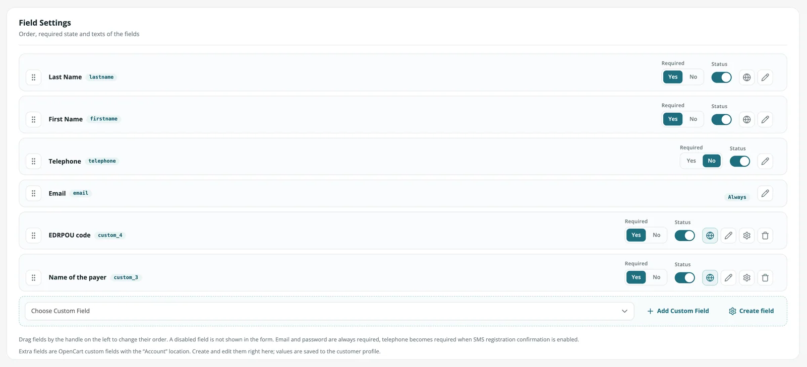 Registration form fields