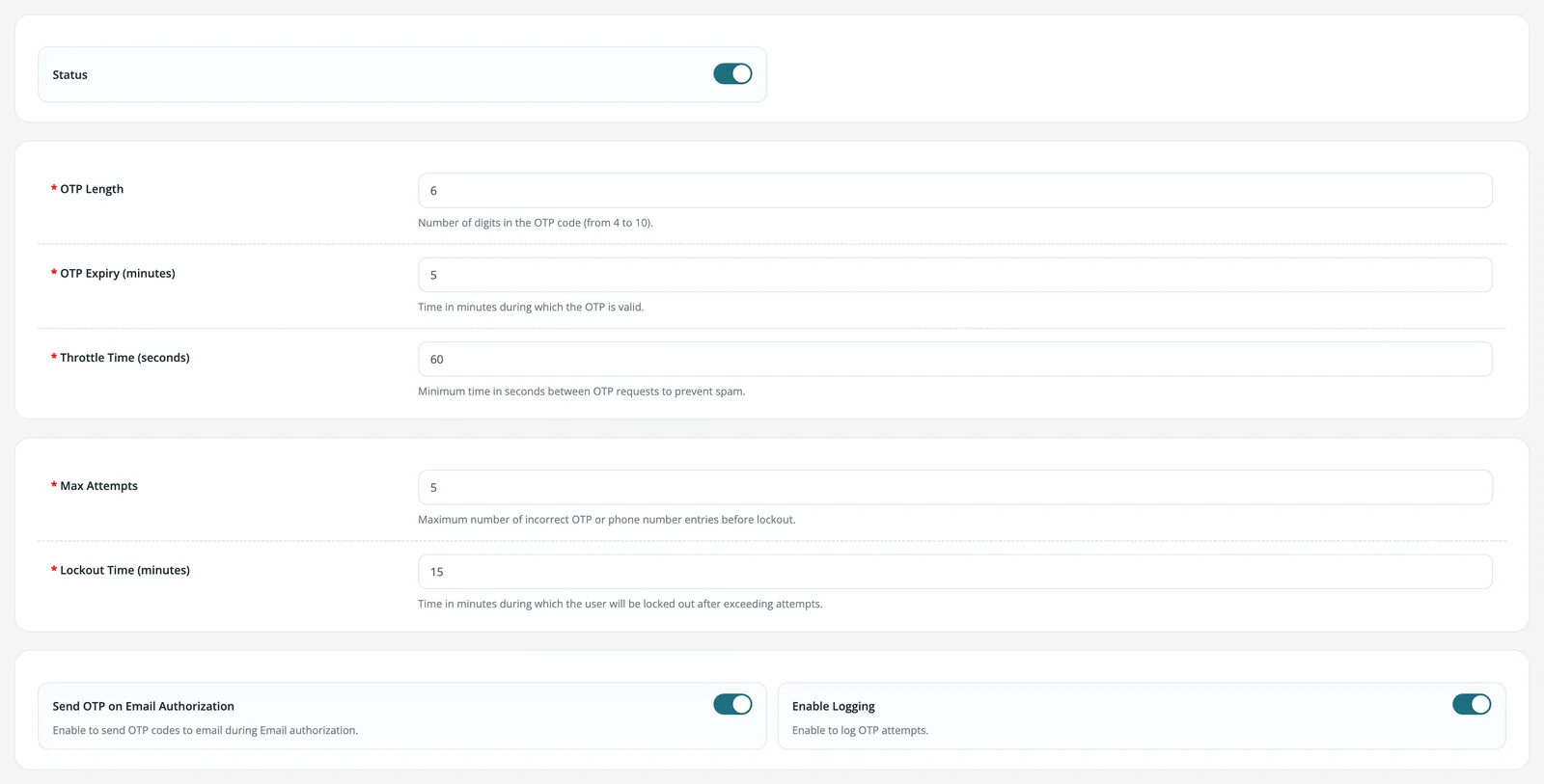 SMS login settings
