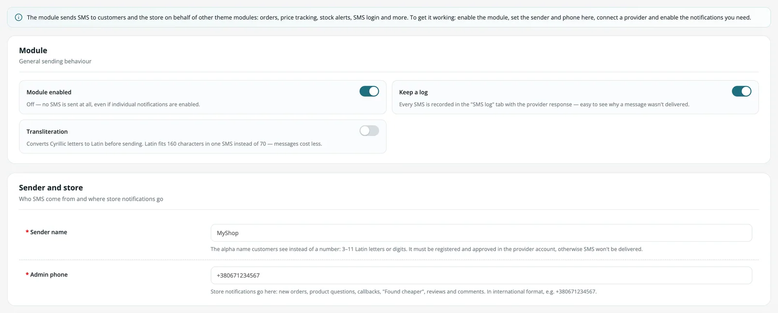 General SMS settings