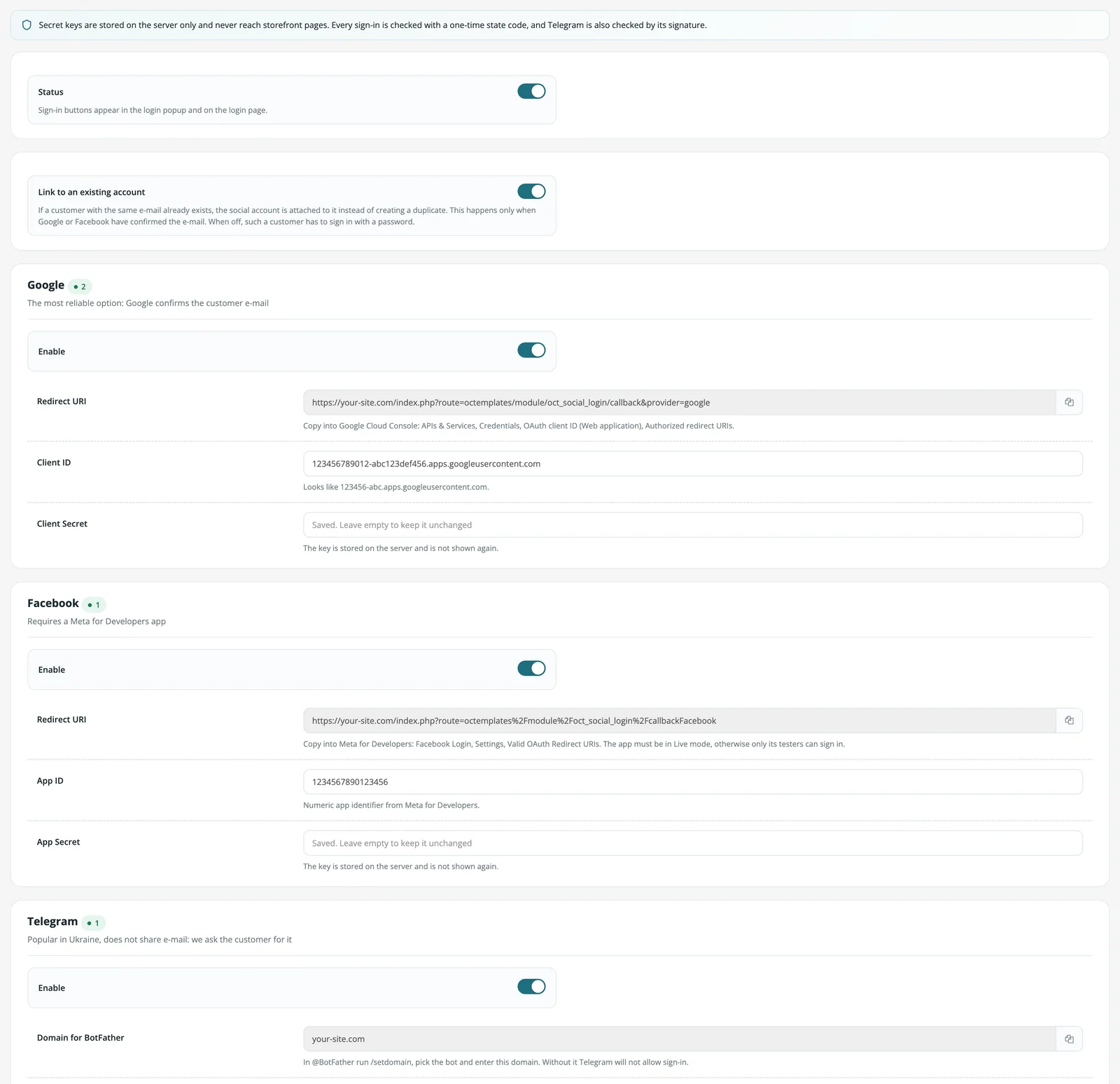 Social login settings