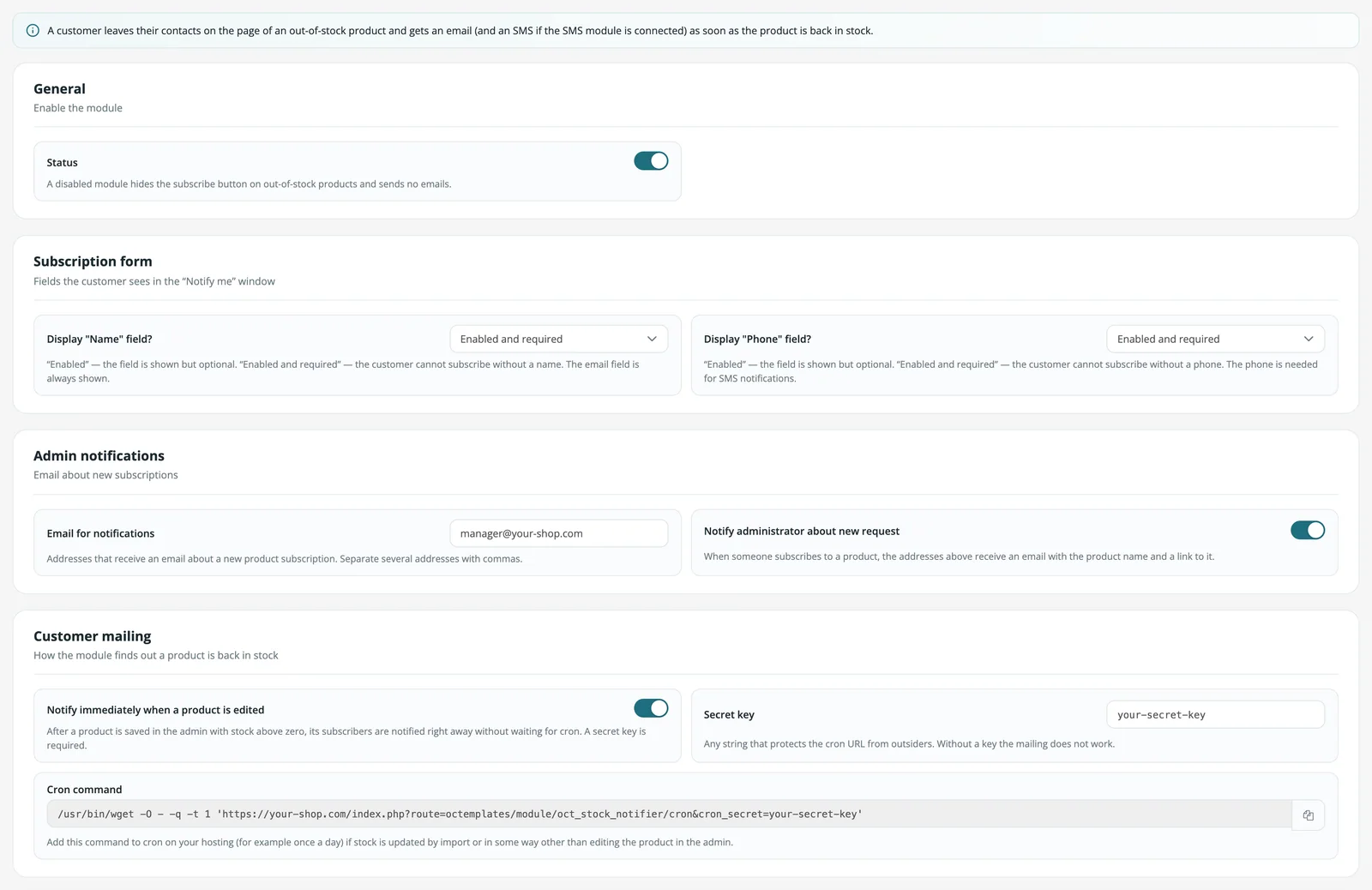 Stock Notification settings