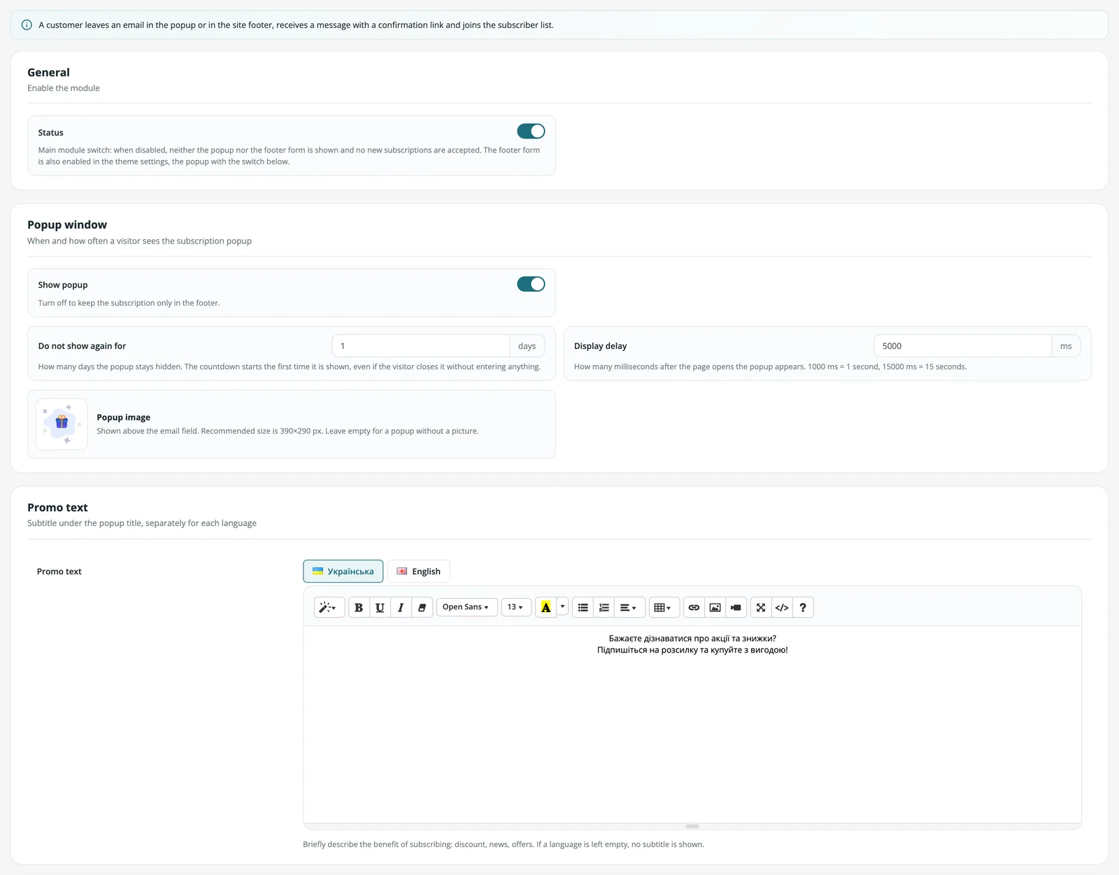 Newsletter Subscription settings