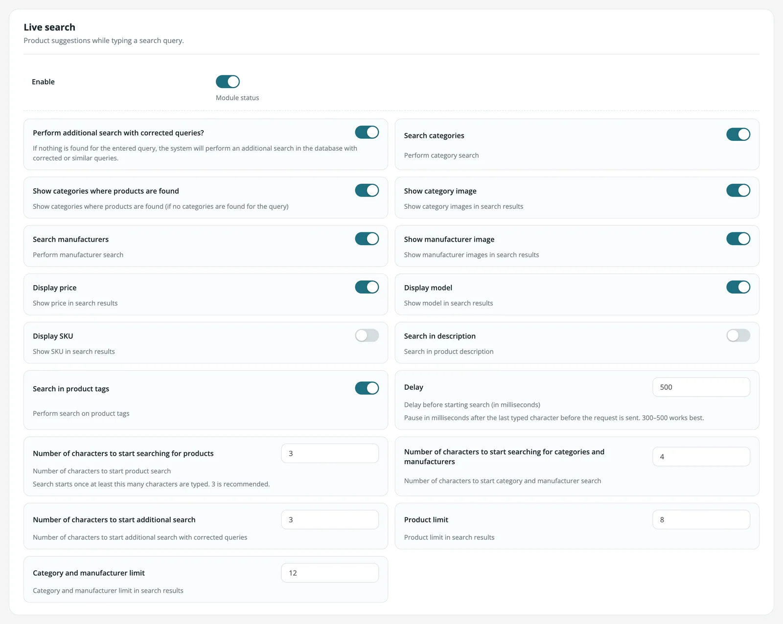 Live search settings