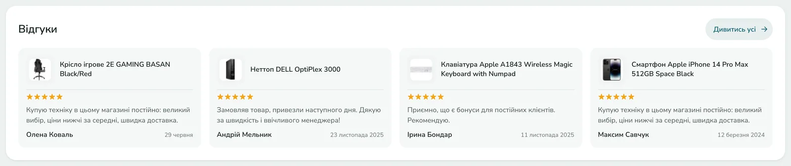 Блок «Відгуки» про товари на сайті