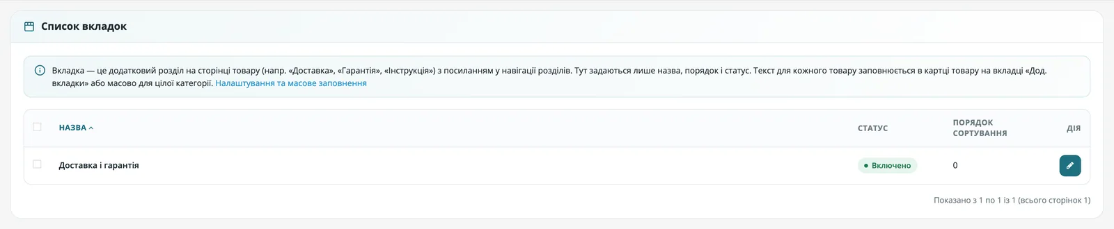 Список додаткових вкладок